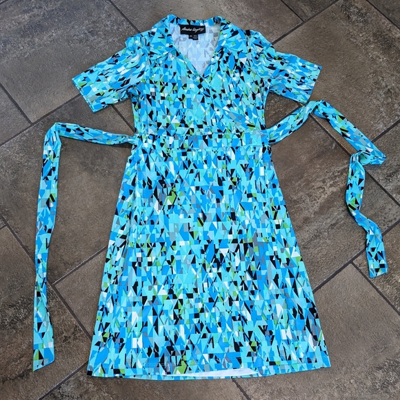 Sandra Angelozzi Wrap Dress Belted Midi Length Multiprint Size S Blue Te… - Picture 3 of 11
